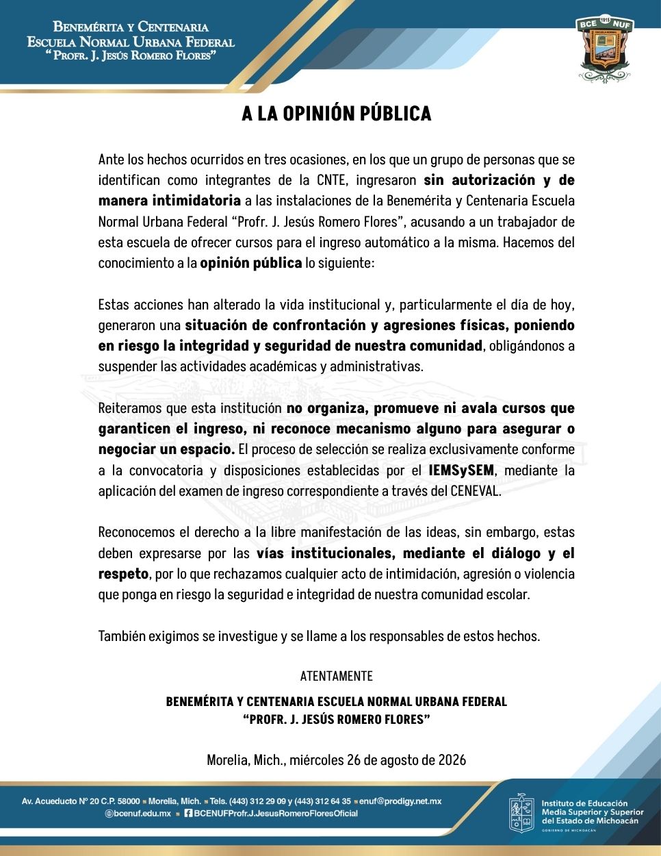 Comunicado a la opinión pública